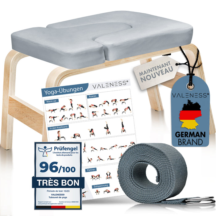 VALENESS Yoga-Kopfstandhocker aus Naturholz mit grauem Textilbezug, Yogagurt und Übungsposter