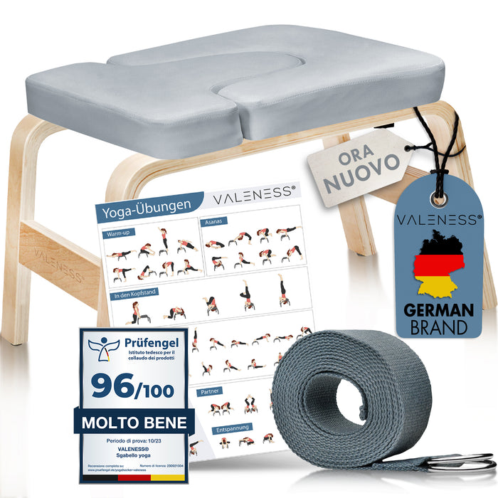 VALENESS Yoga-Kopfstandhocker aus Naturholz mit grauem Textilbezug, Yogagurt und Übungsposter