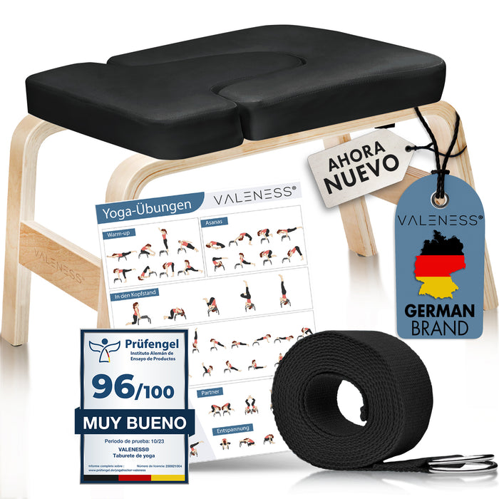 VALENESS Yoga-Kopfstandhocker aus Naturholz mit schwarzer Polsterung, Yogagurt und Übungsposter