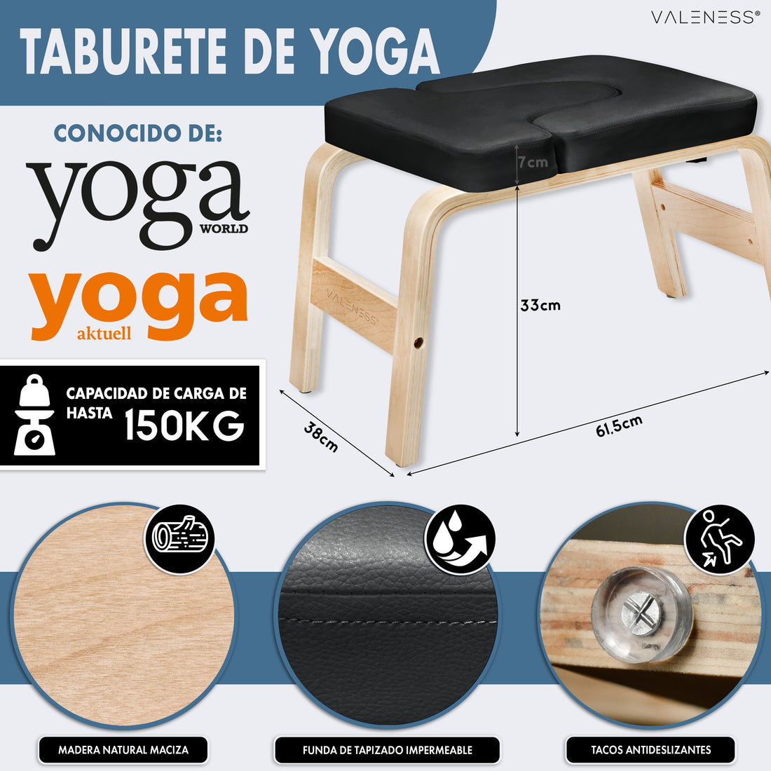 Maße des Yoga-Kopfstandhockers: 61,5 cm lang, 36 cm breit, 33 cm hoch, Polster 7 cm stark, belastbar bis 150 kg — massives Naturholz, wasserfester Polsterbezug in Schwarz und Anti-Rutsch-Noppen