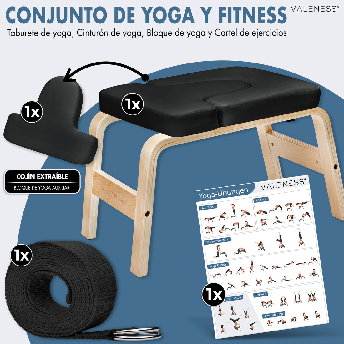 Lieferumfang Yoga- und Fitness-Set: Kopfstandhocker in Schwarz, entnehmbares Polster als zusätzlicher Yogablock, Yogagurt und Übungsposter
