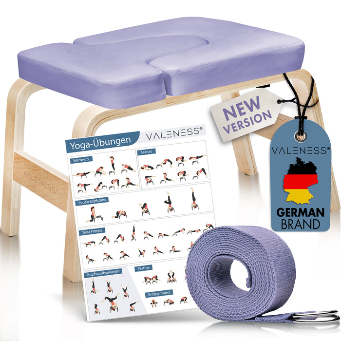 VALENESS Yoga-Kopfstandhocker aus Naturholz mit violetter Polsterung, Yogagurt und Übungsposter