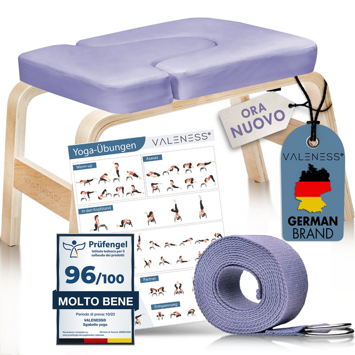 VALENESS Yoga-Kopfstandhocker aus Naturholz mit violetter Polsterung, Yogagurt und Übungsposter