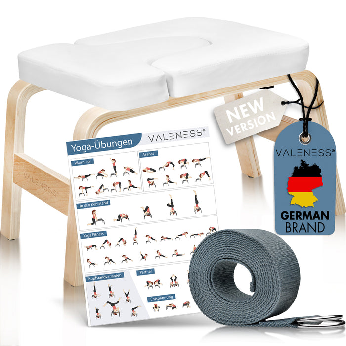 VALENESS Yoga-Kopfstandhocker aus Naturholz mit weißer Polsterung, Yogagurt und Übungsposter