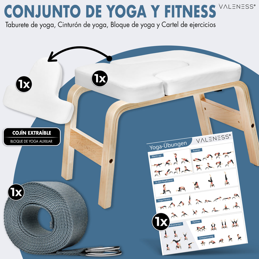 Lieferumfang Yoga- und Fitness-Set: Kopfstandhocker in Weiß, entnehmbares Polster als zusätzlicher Yogablock, Yogagurt und Übungsposter
