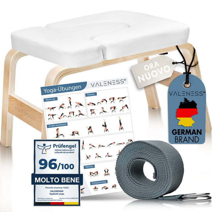 VALENESS Yoga-Kopfstandhocker aus Naturholz mit weißer Polsterung, Yogagurt und Übungsposter
